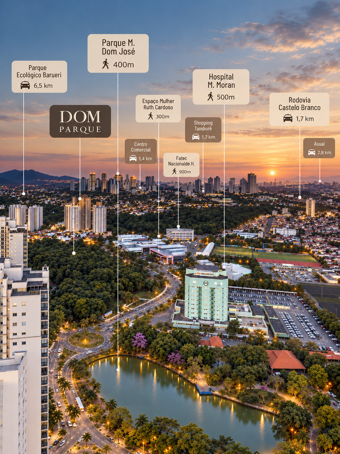 Vista aérea do DOM Parque ao entardecer, no Jardim Tupanci, Barueri
